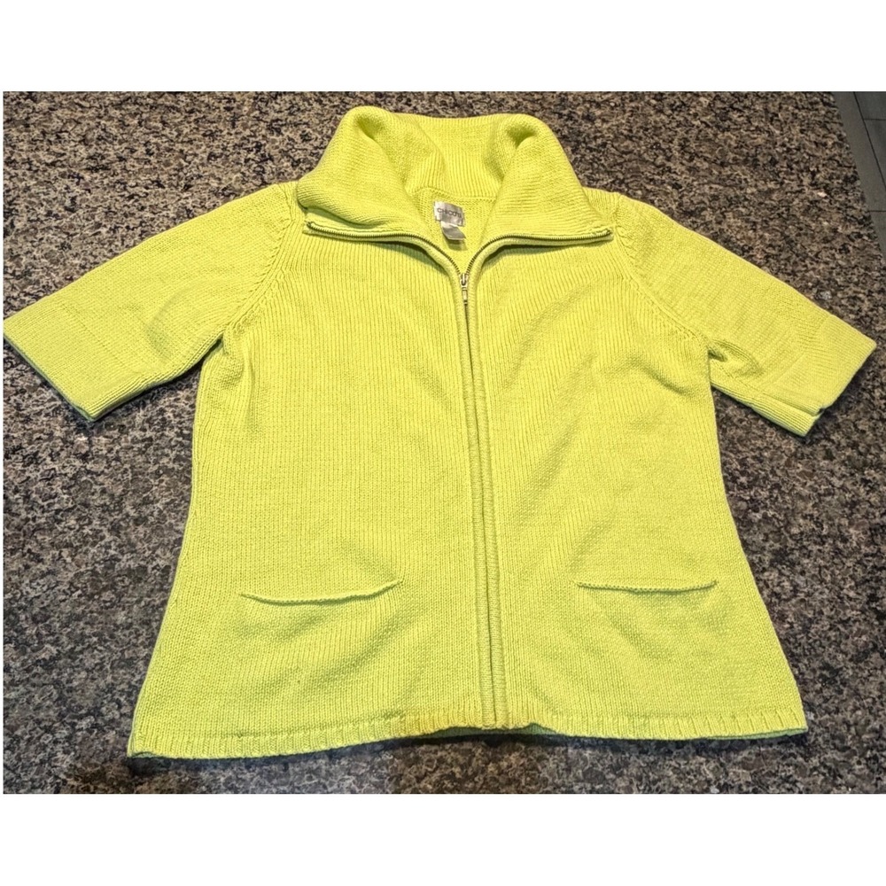 Chicos Lime Green Short Sleeve Full Zip Knit Cardigan‎ Sweater Size 2 Large